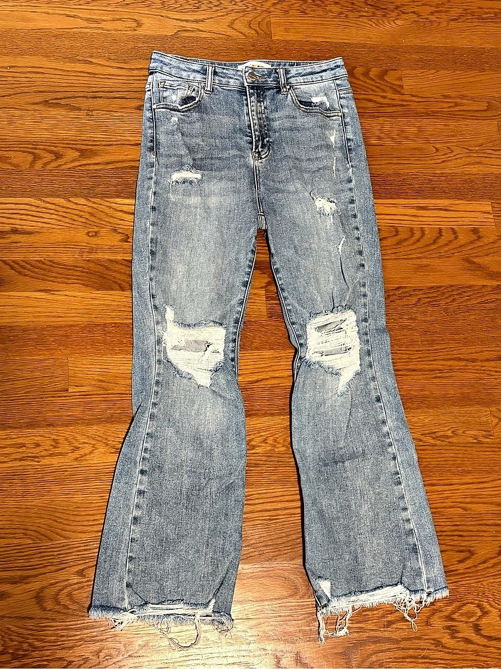 Distressed Light Wash Bootcut Jeans Raw Hem Freckled Poppy x Risen 9/29 denim